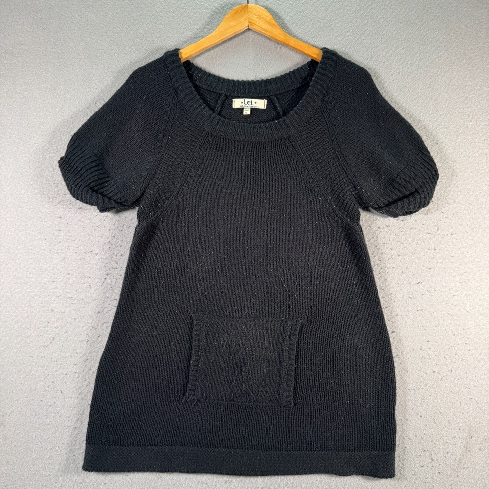 Vintage LEIâ Sweater Dress Junior Womens XL Black Knit Pocket Balloon Sleeve Y2K